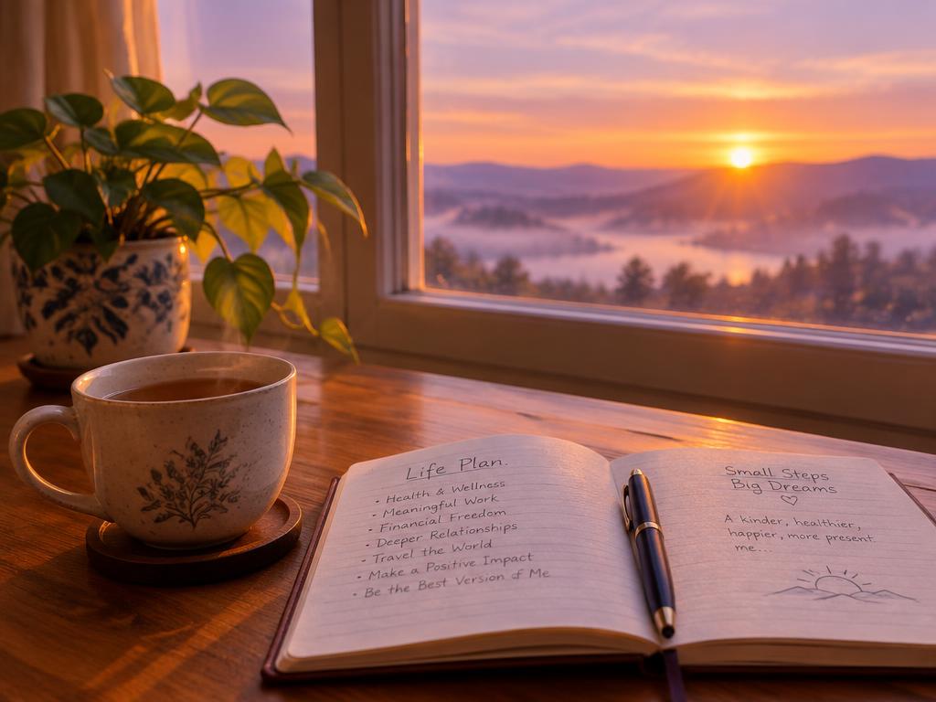 Journal and tea by a window at sunrise