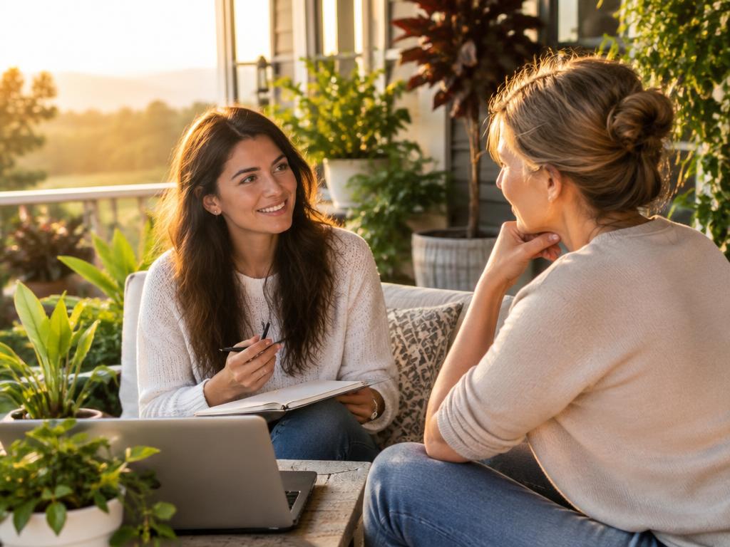 Two women in a warm coaching conversation on a sunlit porch