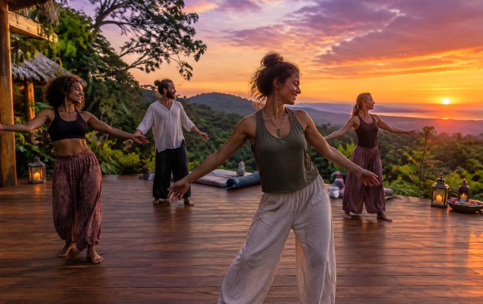 Small group moving together on a jungle deck at sunset